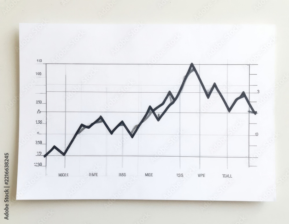 Fototapeta premium Line graph printed on paper showing data trends over time with labeled axes and gridlines, illustrating fluctuations in values across different categories