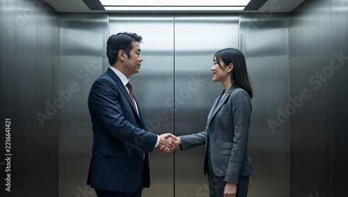 エレベーター内で握手するスーツ姿の男女
