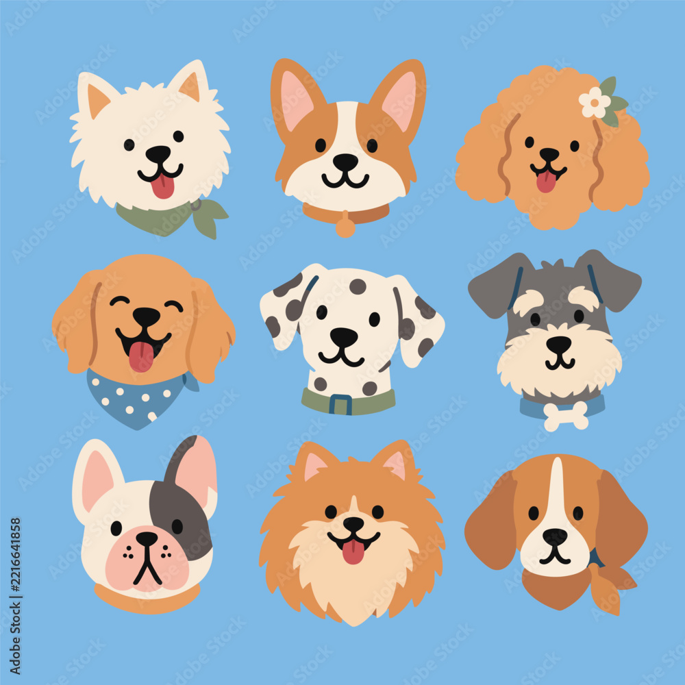 Fototapeta premium Cute Dog Breeds Avatar Faces Set Flat Vector Illustration