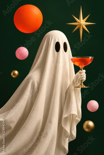 Sheet ghost holding a coupe of orange cocktail, gold star and spheres on a dark ground. Spooky Halloween cocktail party, playful ghost and festive drinks poster