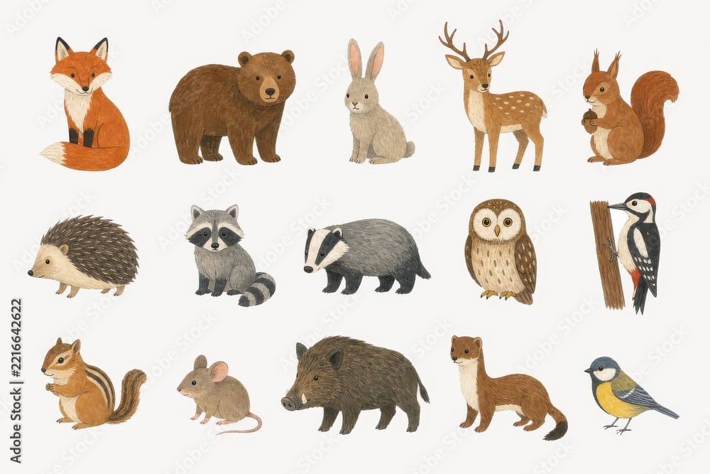 Fototapeta premium Cute woodland animals illustration set on white background