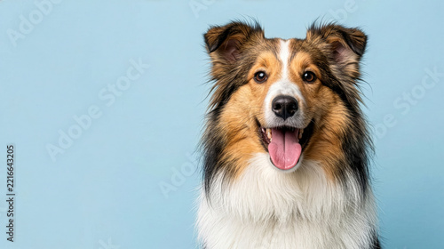 Portrait of a happy Shetland Sheepdog with a friendly expression against a light blue background