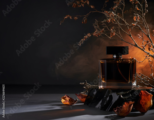 Dark Moody Luxury Autumn Fragrance: Moody autumn fragrance perfume bottle in dark amber glass with dry branch