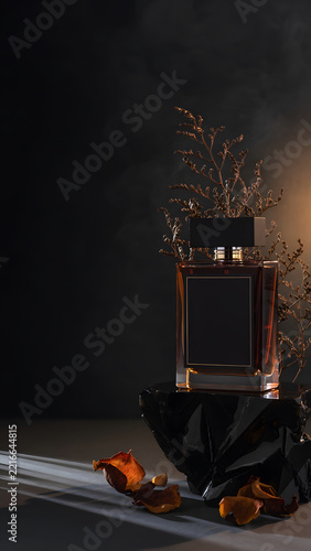 Dark Moody Luxury Autumn Fragrance: Moody autumn fragrance campaign featuring luxury dark amber glass perfume bottle
