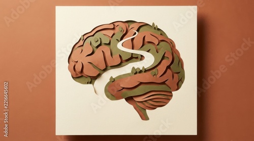 Layered Papercut Relief of Human Brain on Terracotta Wall