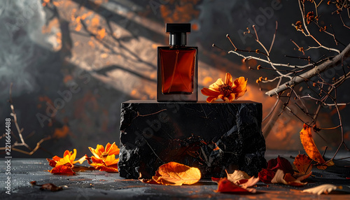 Dark Moody Luxury Autumn Fragrance: Moody autumn fragrance campaign featuring dark amber glass perfume bottle