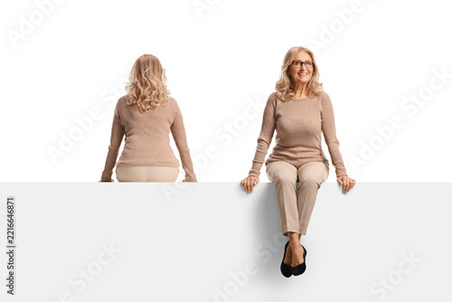Rear and front view of the same woman sitting on a blank panel