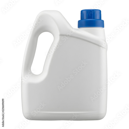 White plastic detergent bottle with blue cap on transparent background
