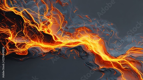 Bright molten lava flows across dark textured volcanic surface