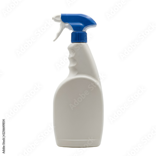 White plastic spray bottle with blue trigger on transparent background