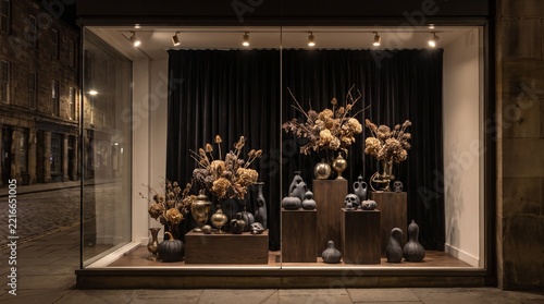 luxury halloween storefront window display at night on cobblestone street, black velvet curtains, dark wooden pedestals of different heights with matte black velvet pumpkins and black gourds and gray 