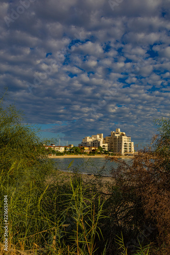 Limassol Marina waterfront with modern architecture and copy space