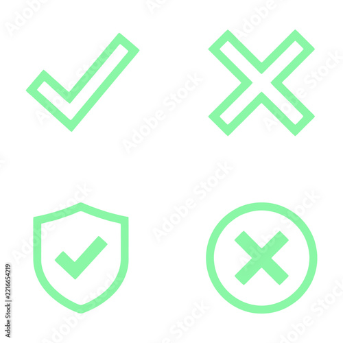 Green Outline Checkmark and Cross Icons Set with Shield and Circle Symbols on White