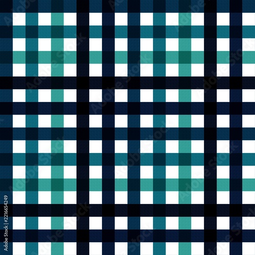 Seamless geometric plaid tartan background pattern featuring crisscross stripes in teal green, navy blue, black, and white