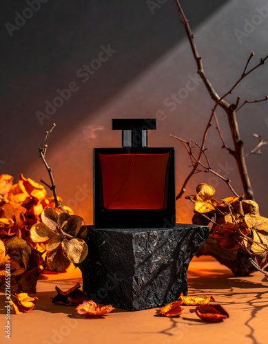 Dark Moody Luxury Autumn Fragrance: Moody dark amber glass perfume bottle for luxury fragrance in autumn leaf scene