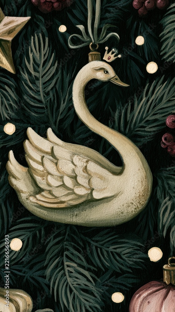 Fototapeta premium Vintage botanical swan ornament mobile wallpaper, dark festive woodland style