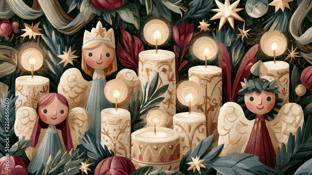 Fototapeta premium Whimsical Christmas angels, candles, stars, and foliage wallpaper