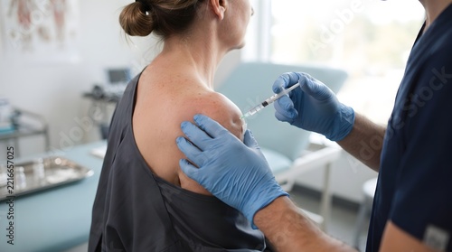 Medical professional administering shoulder injection in clinical