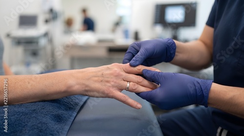 Medical professional examining patient hand during clinical