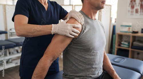 Physiotherapist performing shoulder mobilization treatment in
