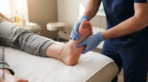 Medical professional performing foot massage therapy in clinical