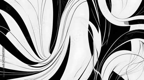 Modern abstract black and white background with dynamic flowing lines, curves, and swirling graphic design elements