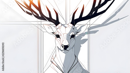 Modern Geometric Deer Head Illustration with Majestic Antlers. Minimalist Line Art Design on White Background, Abstract Style.