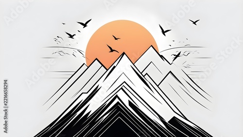Stylized Mountain Landscape Illustration with Sun and Flying Birds. Minimalist Graphic Design Vector Art for Nature and Adventure.