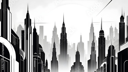 Stylized Art Deco Cityscape Illustration with Tall Grayscale Skyscrapers and Dramatic Urban Skyline. Monochrome Architecture.