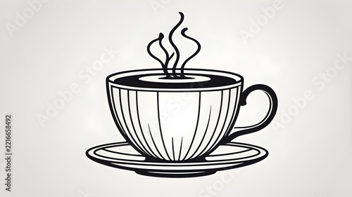 Steaming coffee cup and saucer line art illustration. Hot drink icon, monochrome graphic design element for menu or cafe concept.