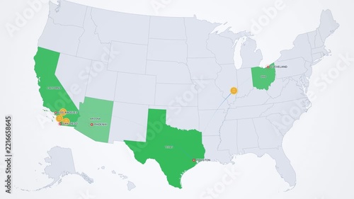 Light United States Map with Highlighted States and Location Pins
