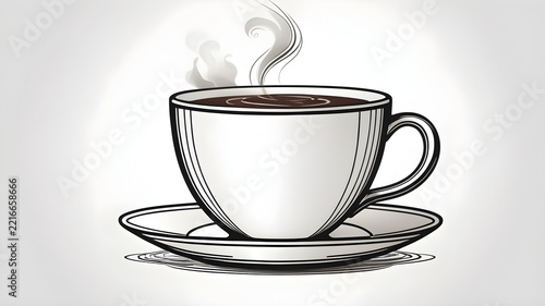 Steaming hot coffee cup and saucer illustration. Vintage style line art drawing of a warm beverage, perfect for cafes and breakfast designs.