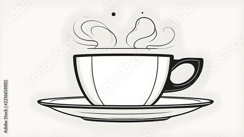 Monochrome vector illustration of a hot steaming cup of coffee or tea on a saucer. Warm morning beverage icon or design element.