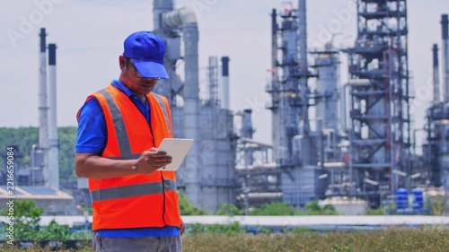 Field inspection at a petroleum refinery with an engineer checking industrial equipment, pipelines and operational safety conditions.