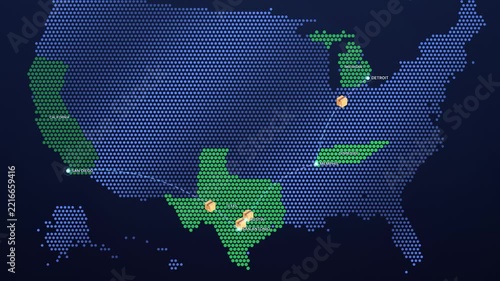Dotted Digital United States Map with Flight Routes and Markers