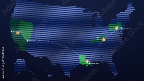 Digital United States Map with Multiple Travel Routes and Location Markers