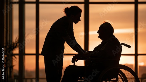 Caregiver helping old man in wheelchair, sunset light through windows