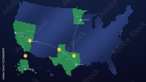 Colorful Digital United States Map with Highlighted Regions and Routes