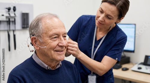 Senior man undergoing hearing test in medical clinic with professional assistance