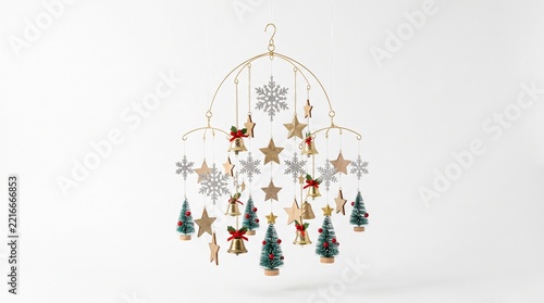 Elegant Golden Christmas Tree Ornament with Star, Ribbon and Glass Ball Decoration for Festive Winter Holiday Celebration and New Year Card Design