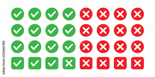 Set of check mark and cross symbols in green and red circles or squares for assessment systems.