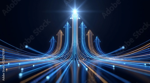 Abstract digital arrows ascend from flowing light streams towards a bright starburst symbolizing growth progress and success in technology and business.