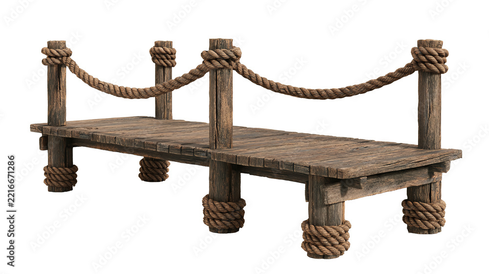 Naklejka premium Wooden plank pier with rope railing, lake dock