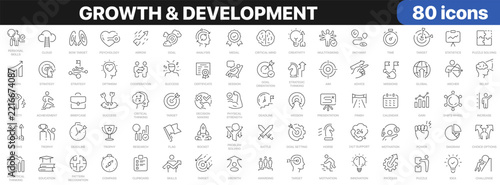 Growth and development icon set with goals, strategy, success, motivation, skills, achievements, planning, innovation, progress and personal improvement symbols in linear style