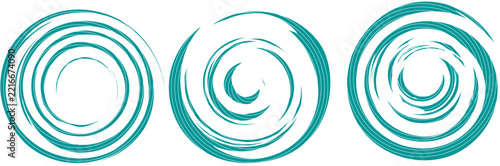 Set of three abstract turquoise sunburst and spiral circular logos featuring dynamic curved rays arranged around clean circular centers