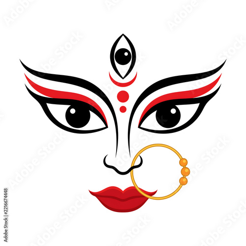 traditional goddess durga eyes with third eye bindis red accents golden nose ring and lips in a clean minimalist navratri vector artwork