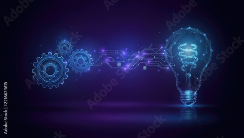 Glowing digital light bulb connected to mechanical gears by circuitry lines
