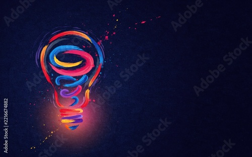 Vibrant abstract light bulb with swirling colorful paint strokes on dark textured background