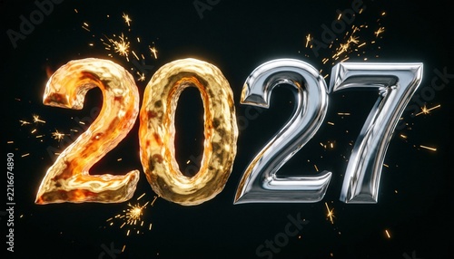 Happy New Year 2027 Concept with 3D Gold and Silver Metallic Numbers and Fireworks Sparkles