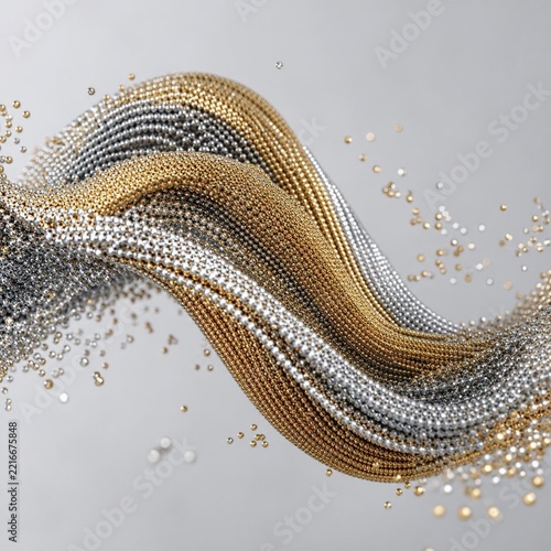 Abstract 3D Wavy Stream of Shiny Gold and Silver Metallic Beads and Spheres Isolated on Light Background